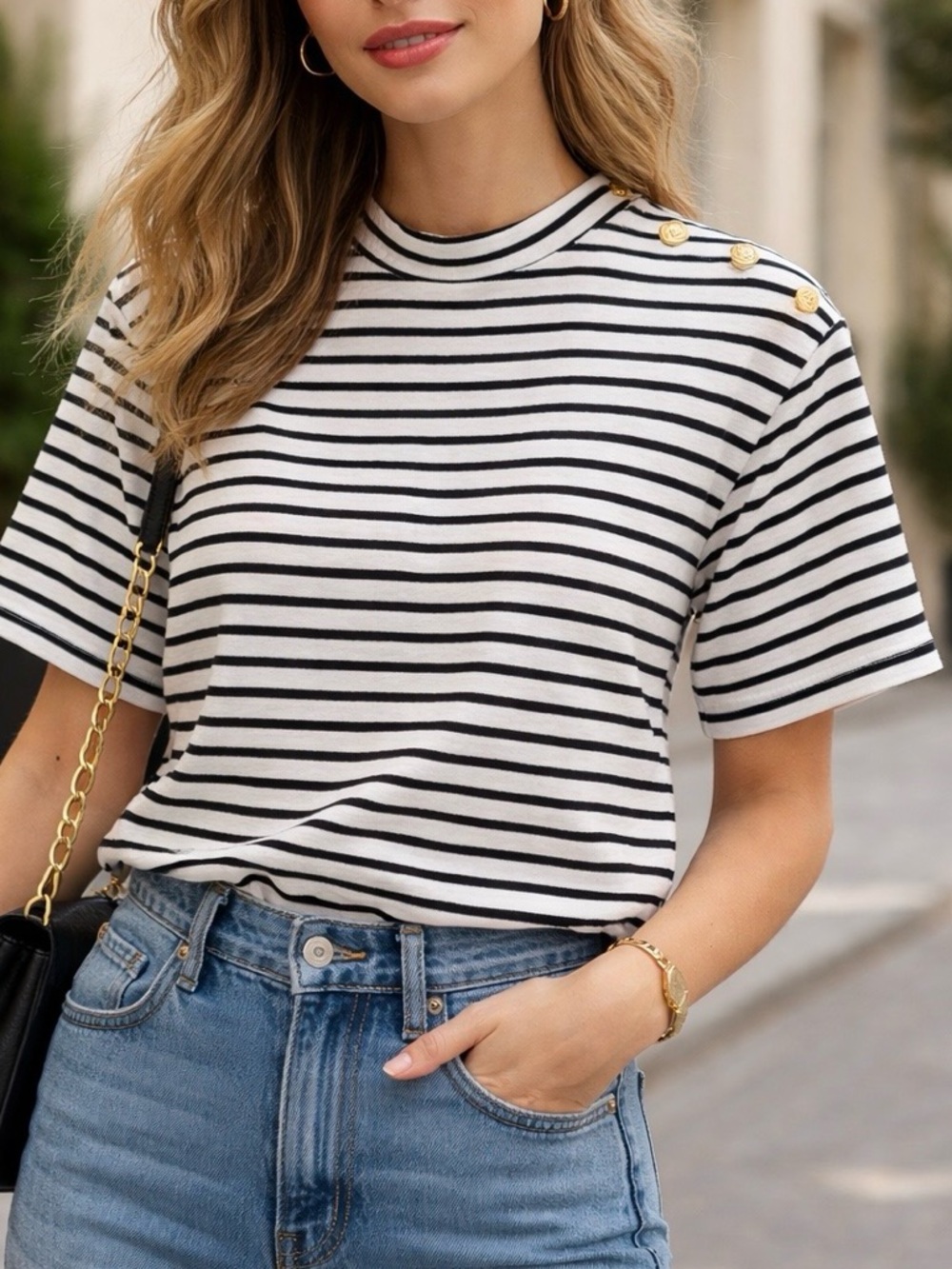 Ba&sh Striped Cotton Top Size 1 Nautical Button Shoulder Tee Made in Portugal